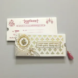 Aarambh Laser Cut 3 Fold Hindu Shaadi Card With Acrylic Lord Ganesha White