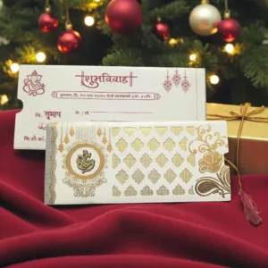 Floral Laser Cut 3 Fold Indian Wedding Card With Acrylic Lord Ganesha White