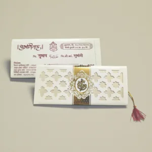 Aarambh Laser Cut 3 Fold Marathi Lagna Patrika With Acrylic Lord Ganesha White