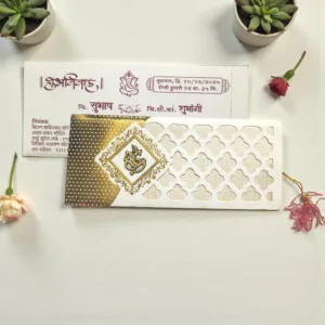Laser Cut 3 Fold Marathi Wedding Card With Acrylic Lord Ganesha White