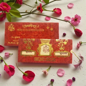 Laser Cut 3 Fold Hindu Wedding Invitation Card With Acrylic Lord Ganesha Red