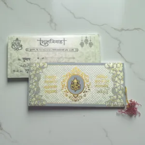 Aarambh Floral 3 Fold Marathi Wedding Invitation Card With Acrylic Lord Ganesha and Shloka in Grey