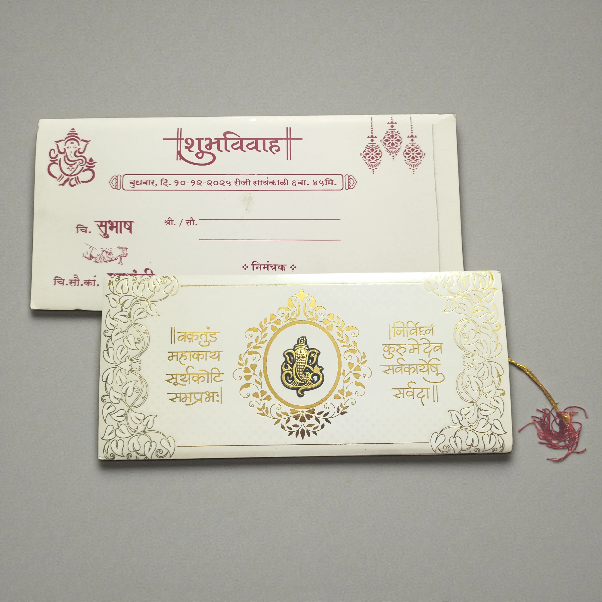 SPSL4125_1 Aarambh Floral 3 Fold Hindu Wedding Invitation Card With Acrylic Lord Ganesha and Shloka in White