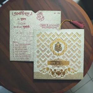 Aarambh Floral Laser Cut 2 Fold Marathi Lagna Patrika With Acrylic Ganesha and Couple Name in Green