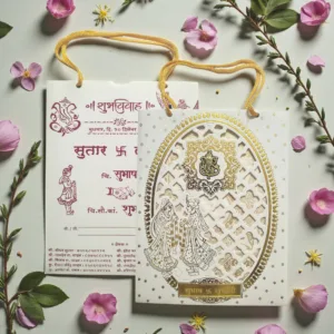 Bag Style Floral Laser Cut 2 Fold Wedding Invitation Card With Acrylic Ganapati in White
