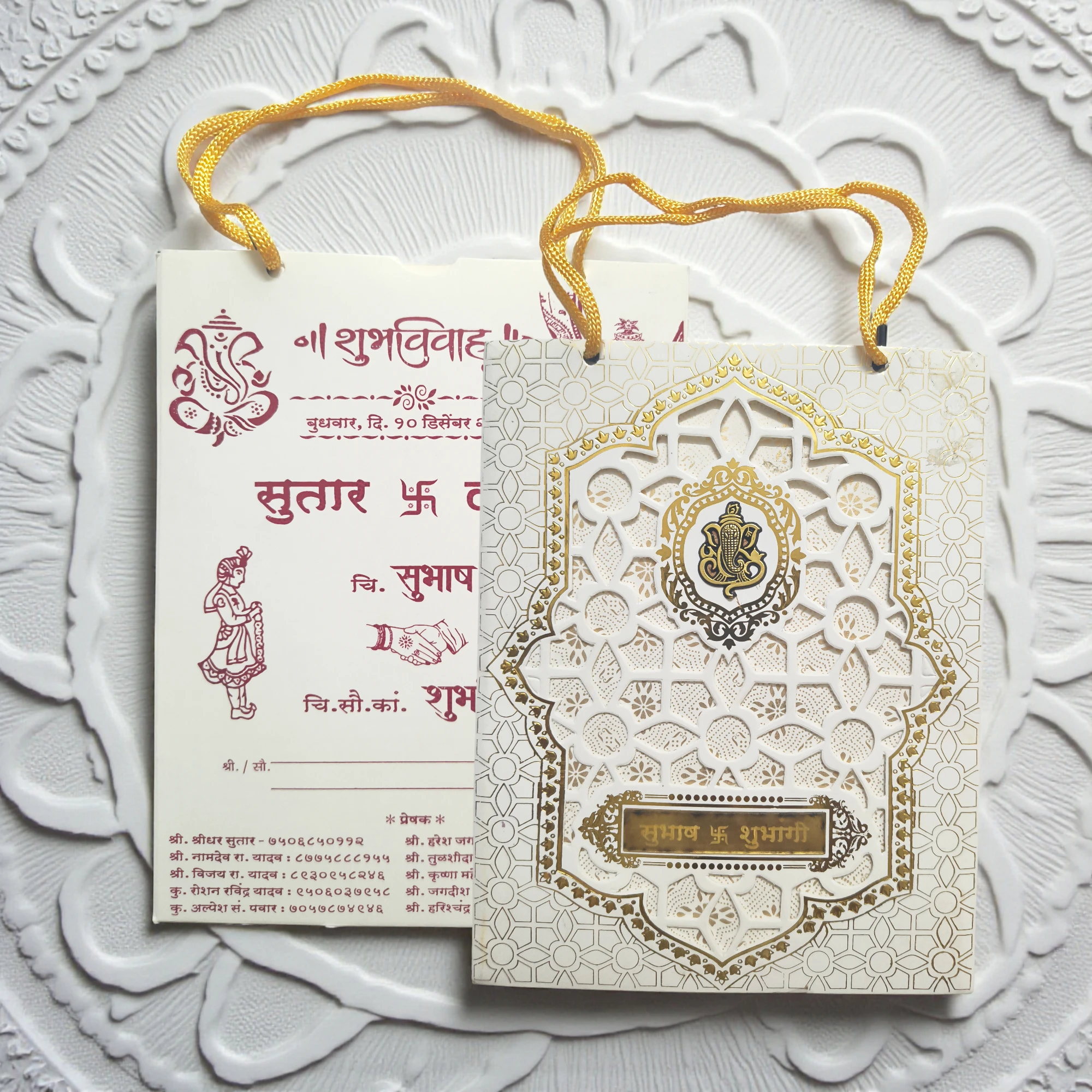 SPSL4925_1 Floral Laser Cut 2 Fold Marriage Invitation Card With Acrylic Ganapati in White