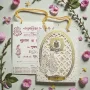 Bag Style Floral Laser Cut 2 Fold Wedding Invitation Card With Acrylic Ganapati in White
